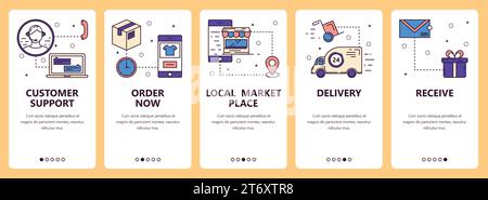 Vector set of vertical banners with Customer support, Order now, Local marketplace, Delivery, Receive website and mobile app templates. Modern thin li Stock Vector