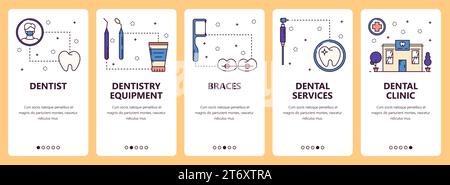 Vector set of vertical banners with Dentist, Dentistry equipment, Braces, Dental services, Dental clinic website and mobile app templates. Modern thin Stock Vector