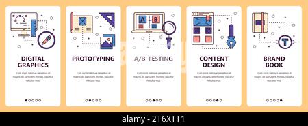 Vector set of vertical banners with Digital graphics, Prototyping, AB Testing, Content design, Brand book website and mobile app templates. Modern thi Stock Vector