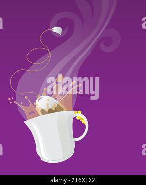 Digital Illustration of Hot Tea Infusion in White Cup on Purple Background Stock Vector