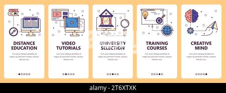 Vector set of vertical banners with Distance education, Video tutorials, University selections, Training courses, Creative mind website and mobile app Stock Vector