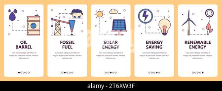 Vector set of vertical banners with Oil barrel, Fossil fuel, Solar energy, Energy saving, Renewable energy website and mobile app templates. Modern th Stock Vector