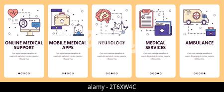 Vector set of vertical banners with Online medical support, Mobile medical apps, Neurology, Medical services, Ambulance website and mobile app templat Stock Vector