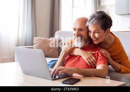 Smiling Senior Spouses Spending Time With Laptop In Living Room Stock Photo