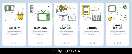 Vector set of vertical banners with Battery, Television, Video camera, e-book, Smart watch website and mobile app templates. Modern thin line flat sty Stock Vector