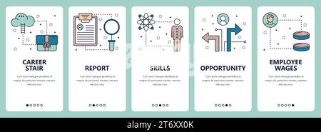 Vector set of vertical banners with Career stair, Report, Skills, Opportunity, Employee wages website and mobile app templates. Modern thin line flat Stock Vector