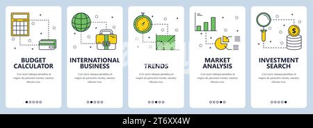 Vector set of vertical banners with Budget calculator, International business, Trends, Market analysis, Investment search website and mobile app templ Stock Vector