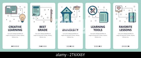 Vector set of vertical banners with Creative learning, Best grade, University, Learning tools, Favorite lessons website and mobile app templates. Mode Stock Vector