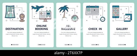 Vector set of vertical banners with Destination, Online booking, All inclusive, Check in, Gallery website and mobile app templates. Modern thin line f Stock Vector