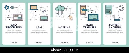 Vector set of vertical banners with Data processing, Lan, Hosting, Data transfer, Content sharing website and mobile app templates. Modern thin line f Stock Vector