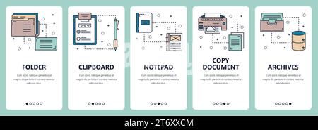 Vector set of vertical banners with Folder, Clipboard, Notepad, Copy document, Archives website and mobile app templates. Modern thin line flat style Stock Vector