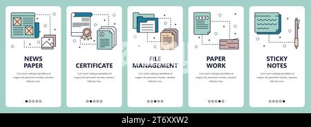 Vector set of vertical banners with News paper, Certificate, File management, Paper work, Sticky notes website and mobile app templates. Modern thin l Stock Vector
