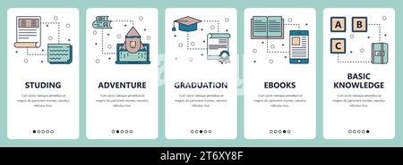 Vector set of vertical banners with Studying, Adventure, Graduation, Ebooks, Basic knowledge website and mobile app templates. Modern thin line flat s Stock Vector