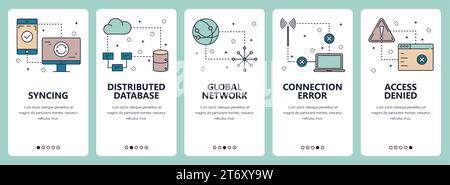 Vector set of vertical banners with Syncing, Distributed database, Global network, Connection error, Access denied website and mobile app templates. M Stock Vector