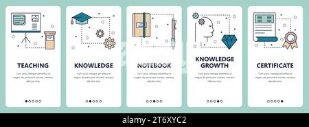 Vector set of vertical banners with Teaching, Knowledge, Notebook, Knowledge growth, Certificate website and mobile app templates. Modern thin line fl Stock Vector