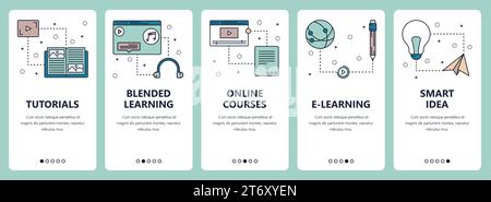Vector set of vertical banners with Tutorials, Blended learning, Online courses, E-learning, Smart idea website and mobile app templates. Modern thin Stock Vector