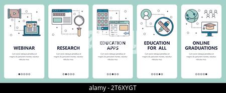 Vector set of vertical banners with Webinar, Research, Education apps, Education for all, Online graduations website and mobile app templates. Modern Stock Vector