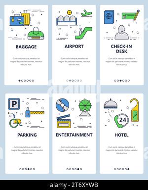 Vector set of mobile app onboarding screens. Baggage, Airport, Check-in desk, Parking, Entertainment, Hotel web templates and banners. Thin line art f Stock Vector