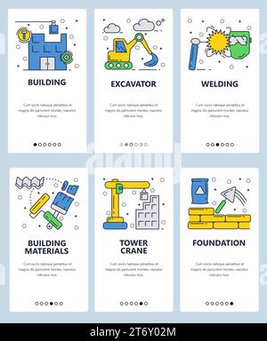 Vector set of mobile app onboarding screens. Building, Excavator, Welding, Building materials, Tower crane, Foundation web templates and banners. Thin Stock Vector