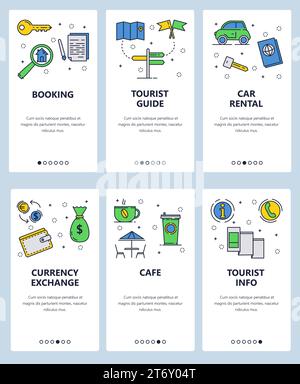 Vector set of mobile app onboarding screens. Booking, Tourist guide, Car rental, Currency exchange, Cafe, Tourist info web templates and banners. Thin Stock Vector