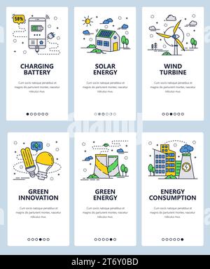 Vector set of mobile app onboarding screens. Charging battery, Solar energy, Wind turbine, Green innovation, Green energy, Energy consumption web temp Stock Vector