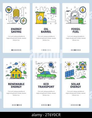 Vector set of mobile app onboarding screens. Energy saving, Oil barrel, Fossil fuel, Renewable energy, Eco transport, Solar energy web templates and b Stock Vector