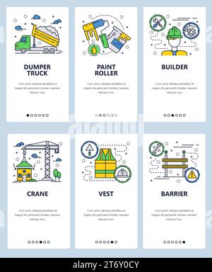Vector set of mobile app onboarding screens. Dumper truck, Paint roller, Builder, Crane, Vest, Barrier web templates and banners. Thin line art flat i Stock Vector