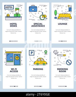 Vector set of mobile app onboarding screens. Hotel desk, Special assistance, Lounge, Wi-fi access, Parking, Smoking room web templates and banners. Th Stock Vector