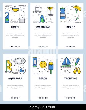 Vector set of mobile app onboarding screens. Hotel, Swimming, Riding, Aquapark, Beach, Yachting web templates and banners. Thin line art flat icons fo Stock Vector