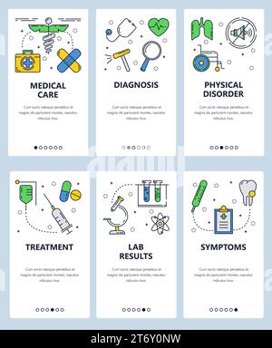 Vector set of mobile app onboarding screens. Medical care, Diagnosis, Physical disorder, Treatment, Lab results, Symptoms web templates and banners. T Stock Vector