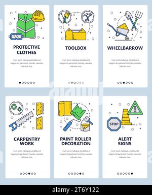 Vector set of mobile app onboarding screens. Protective clothes, Toolbox, Wheelbarrow, Carpentry work, Paint roller decoration, Alert signs web templa Stock Vector