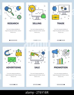 Vector set of mobile app onboarding screens. Research, Selling, Trade, Advertising, Sale, Promotion web templates and banners. Thin line art flat icon Stock Vector