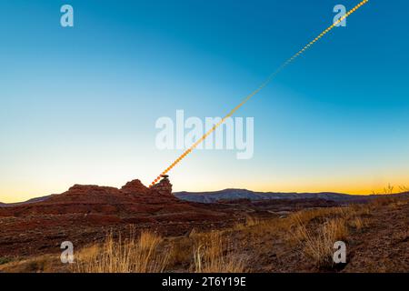 2023 Annular Solar Eclipse over Mexican Hat Rock in Southeast Utah Stock Photo