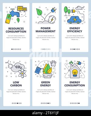 Vector set of mobile app onboarding screens. Resources consumption, Power management, Energy efficiency, Low carbon, Green energy web templates and ba Stock Vector