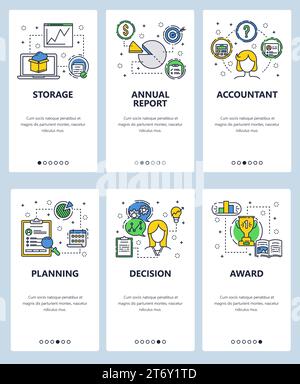 Vector set of mobile app onboarding screens. Storage, Annual report, Accountant, Planning, Decision, Award web templates and banners. Thin line art fl Stock Vector