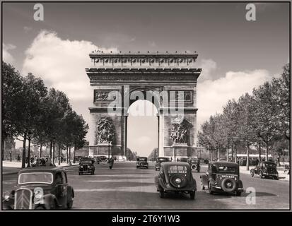 PARIS Vintage 1930's retro Paris 1936 Arc de Triomphe and traffic on the Champs-Elysees including Parisian Renault Taxis and people wearing the styles and fashion of the day. Pre WW2  street scene archive French B&W Photographer Willem van de Poll Stock Photo