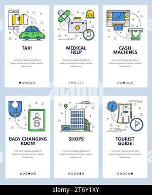 Vector set of mobile app onboarding screens. Taxi, Medical help, Cash machines, Baby changing room, Shops, Tourist guide web templates and banners. Th Stock Vector
