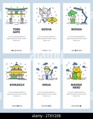 Vector set of mobile app onboarding screens. Torii gate, Geisha, Bonsai, Kinkakuji, Ninja, Maneki Neko web templates and banners. Thin line art flat i Stock Vector