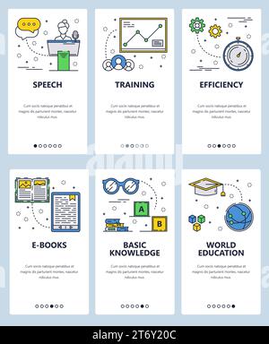 Vector set of mobile app onboarding screens. Speech, Training, Efficiency, E-books, Basic knowledge, World education web templates and banners. Thin l Stock Vector