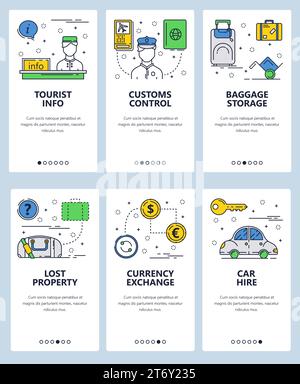 Vector set of mobile app onboarding screens. Tourist info, Customs control, Baggage storage, Lost property, Currency exchange, Car hire web templates Stock Vector