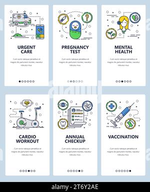 Vector set of mobile app onboarding screens. Urgent care, Pregnancy test, Mental health, Cardio workout, Annual checkup, Vaccination web templates, ba Stock Vector