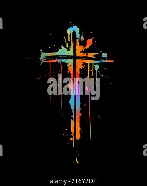 colored cross made of blots on a black background. Happy easter. hand drawing. Not AI, Vector illustration Stock Vector