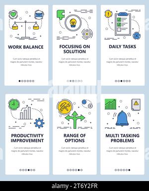 Vector set of mobile app onboarding screens. Work balance, Focusing on solution, Daily tasks, Productivity improvement, Range of options, Multitasking Stock Vector