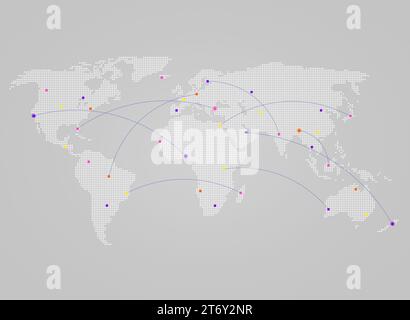 White world map made of small triangles on gray background with curving lines or flight paths connecting colorful dots as cities. Stock Photo