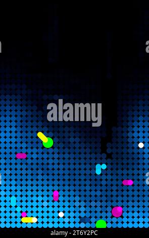 Abstract dotted blue halftone pattern with colorful shapes and fading color gradient on black. Spotted pattern for template, brochure, business card.. Stock Photo