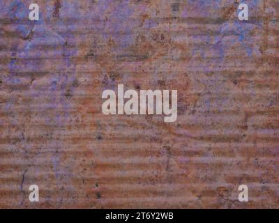 Grunge background of corrugated, rusty metal sheet. Brown and metallic blue colors. Stock Photo