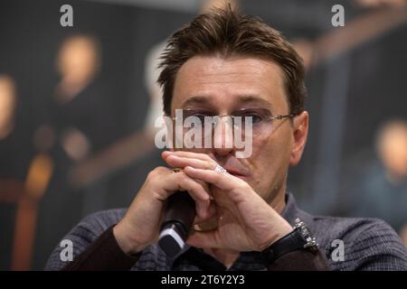 Moscow, Russia. 11th of November, 2023. People's Artist of Russia, Artistic Director of the Moscow Gubernsky Theater Sergey Bezrukov is seen during a meeting with an audience at the VDNKh exhibition centre in Moscow, Russia Stock Photo