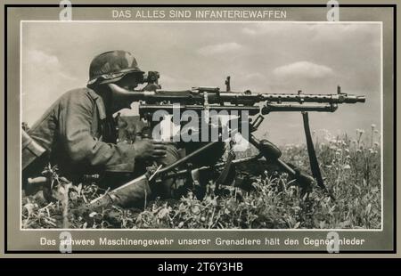 WW2 Propaganda Nazi MG-42 Machine Gun World War II Image of Wehrmacht Army Nazi soldier in battlefield  with MG-42 Machine Gun with optical sight, caption reads  'These are all infantry weapons' ''The heavy machine gun of our Grenadiers keeps the enemy down'' Stock Photo