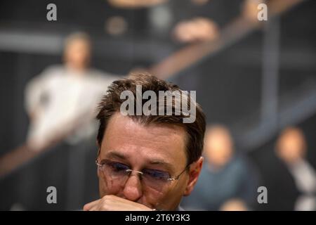 Moscow, Russia. 11th of November, 2023. People's Artist of Russia, Artistic Director of the Moscow Gubernsky Theater Sergey Bezrukov is seen during a meeting with an audience at the VDNKh exhibition centre in Moscow, Russia Stock Photo