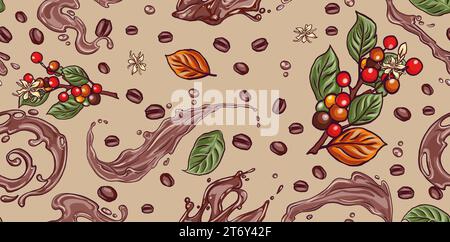 Coffee liqueur pattern, botanical seamless pattern with coffee branches and drops and splashes in beans, Set of hand drawn realistic vector design ele Stock Vector